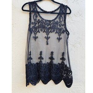Womens Black Lace Overlay Sheer Sleeveless Boho Embroidered Glam Blouse Top